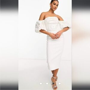 ASOS design Tall Bardot Puff Sleeves White Off-Shoulder Dress w/ Sequins 4 NWT